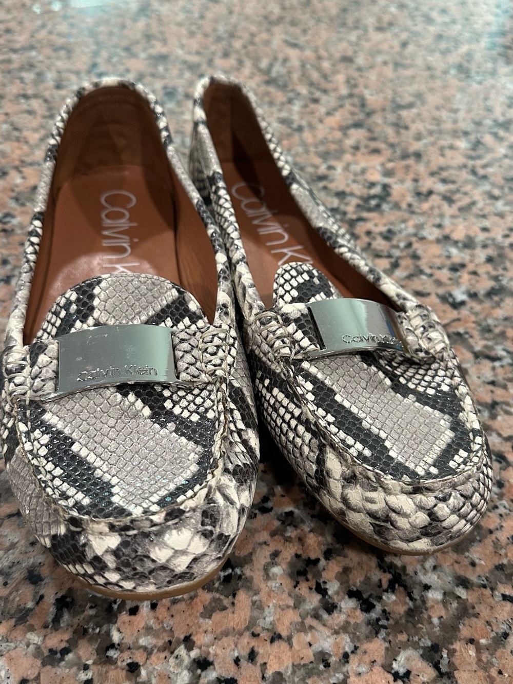 Calvin Klein Women's Snake-Print Loafers in Black and White with Silver Plaque